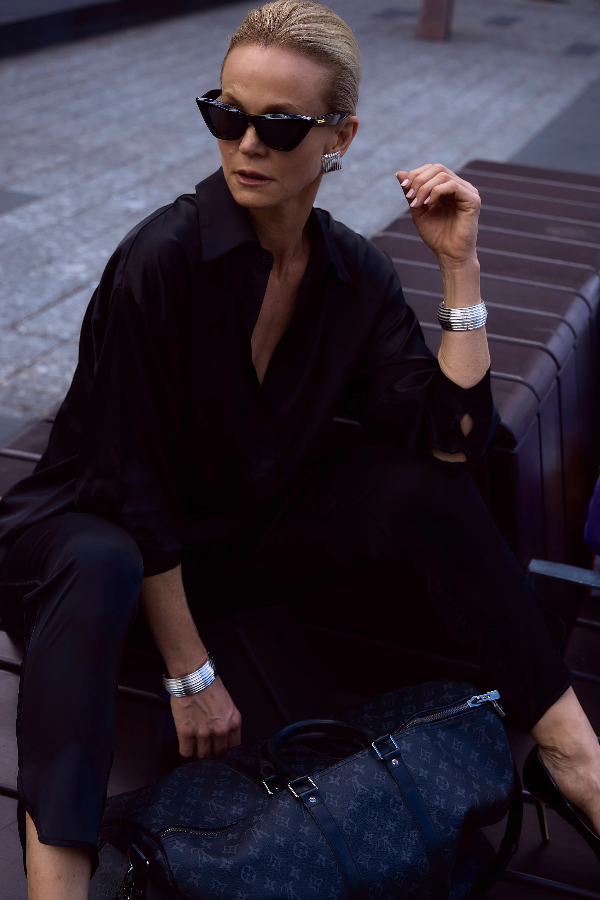 Fashion & editorial — black silk, monogram bag